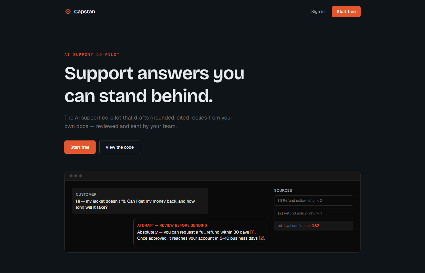 Capstan — AI-drafted support reply with cited sources and retrieval confidence